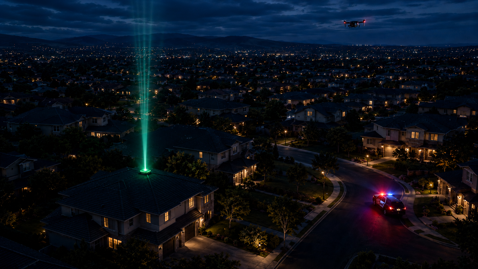 Aerial night view of a residential neighborhood with a single SPOTLIGHT beacon firing green from one rooftop while a patrol vehicle and a drone converge on it.